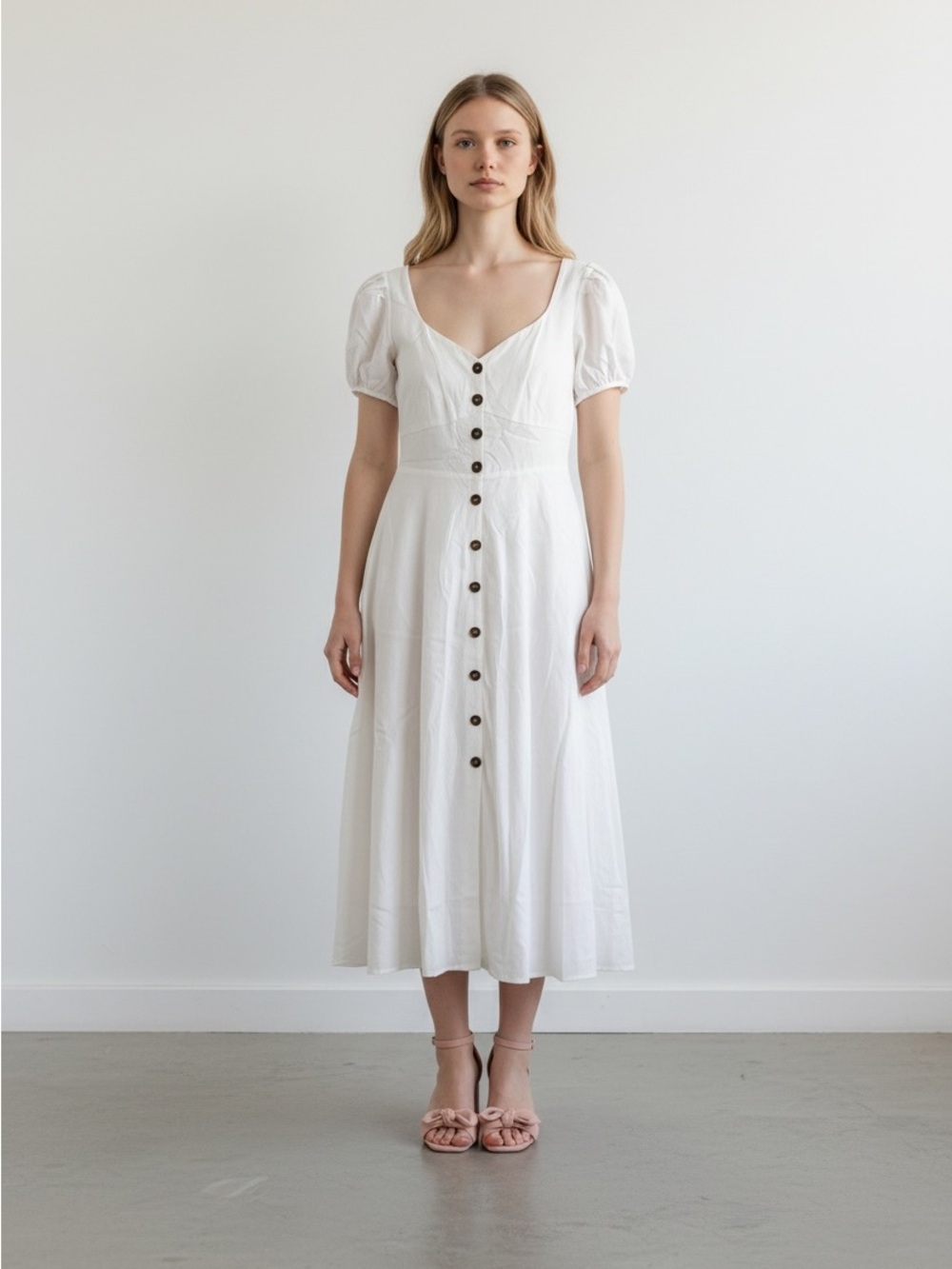 SIR the label White Button-Front Midi Dress with Puff Sleeves